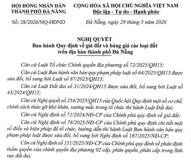 Đã có Nghị quyết 28/2026/NQ-HĐND bảng giá đất Đà Nẵng từ 10/6/2026