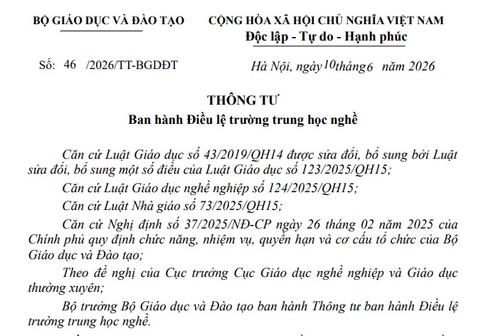 Đã có Thông tư 46/2026/TT-BGDĐT Điều lệ trường trung học nghề mới nhất