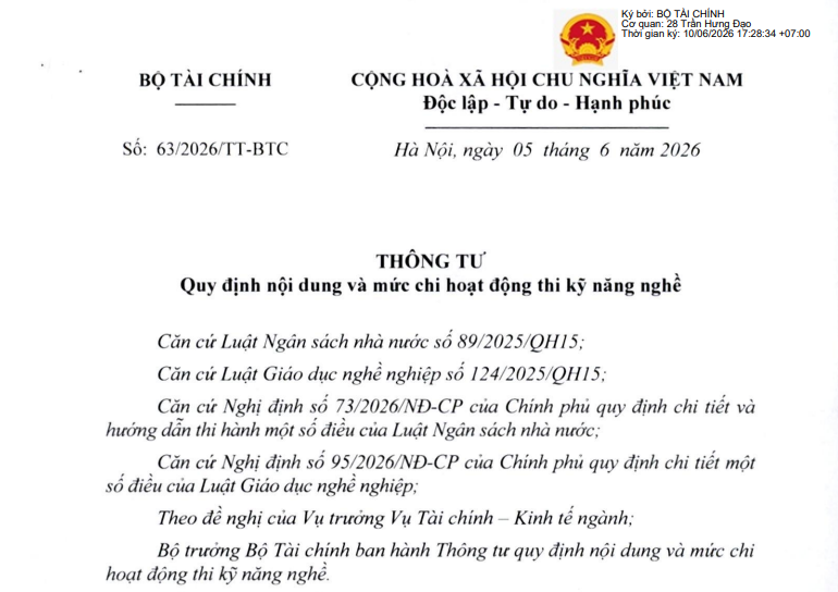 Đã có Thông tư 63/2026/TT-BTC về nội dung và mức chi hoạt động thi kỹ năng nghề