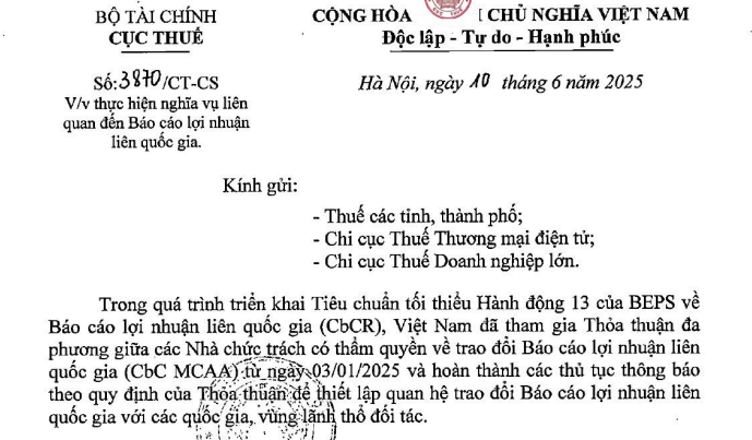 Công văn 3870/CT-CS về nghĩa vụ Báo cáo lợi nhuận liên quốc gia