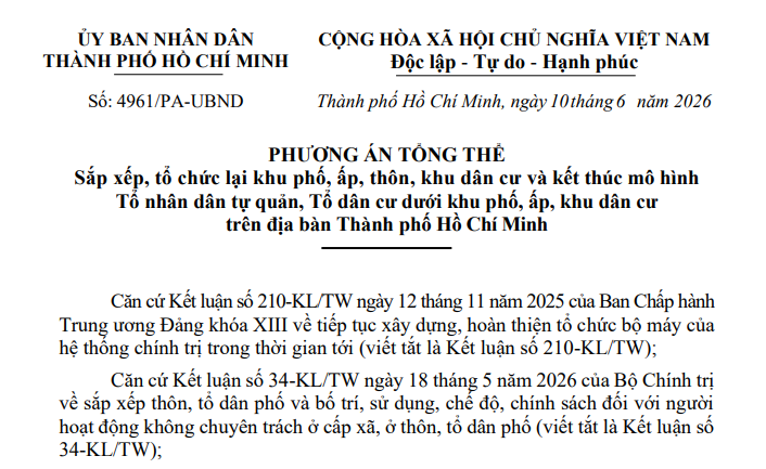 Phương án 4961/PA-UBND sắp xếp khu phố ấp thôn khu dân cư 2026 tại TPHCM