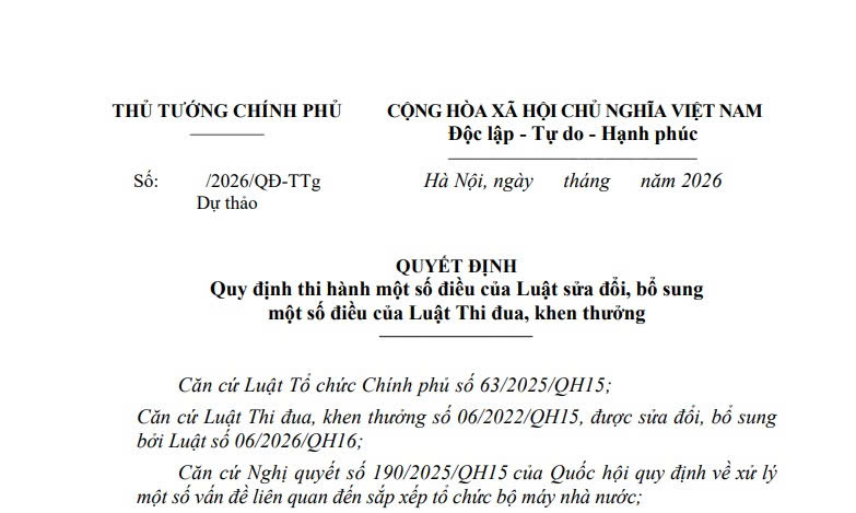Đã có dự thảo Quyết định thi hành Luật sửa đổi Luật Thi đua khen thưởng 2026 