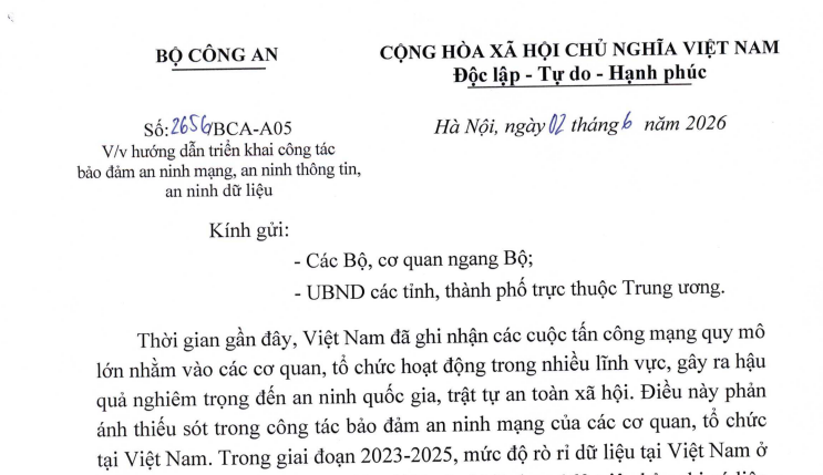 Công văn 2656/BCA-A05: Bộ Công an hướng dẫn bảo đảm an ninh mạng, an ninh thông tin, an ninh dữ liệu