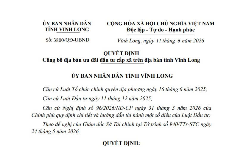 Danh mục địa bàn ưu đãi đầu tư cấp xã tại tỉnh Vĩnh Long từ ngày 11/6/2026