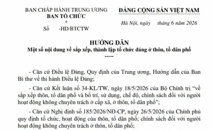 Dự thảo Hướng dẫn về sắp xếp, thành lập tổ chức đảng ở thôn, tổ dân phố