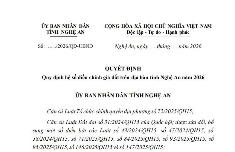 Đề xuất hệ số điều chỉnh giá đất (hệ số K) tỉnh Nghệ An năm 2026
