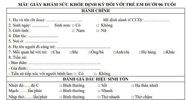 Mẫu giấy khám sức khoẻ định kỳ đối với trẻ em dưới 06 tuổi theo Quyết định 1675/QĐ-BYT