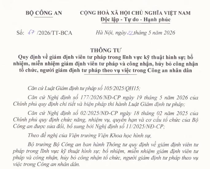 Đã có Thông tư 67/2026/TT-BCA giám định viên tư pháp trong lĩnh vực kỹ thuật hình sự