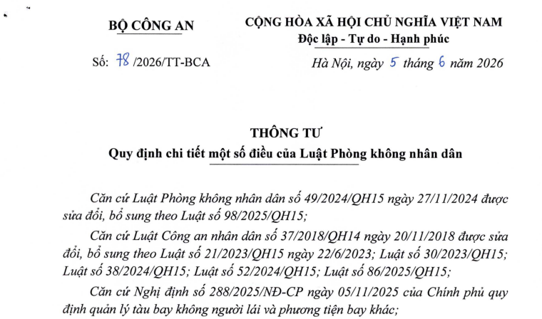 Đã có Thông tư 78/2026/TT-BCA hướng dẫn chi tiết Luật Phòng không nhân dân 