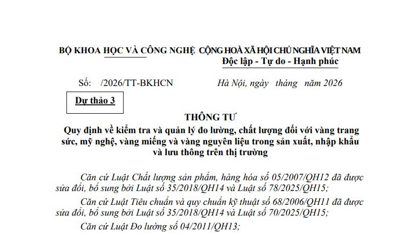 Đã có dự thảo Thông tư kiểm tra và quản lý chất lượng với vàng trang sức, vàng miếng