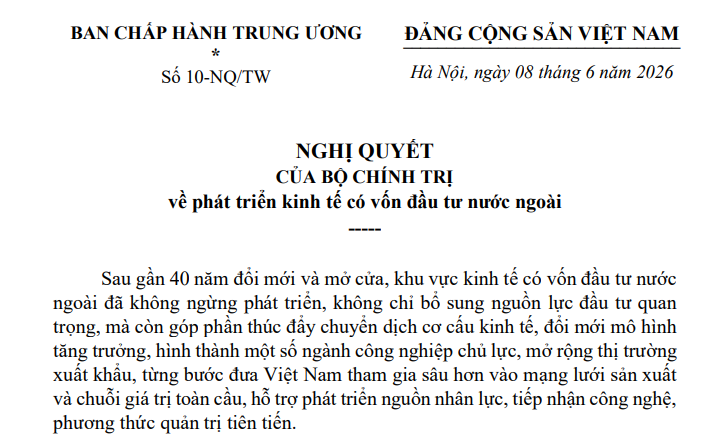 Nghị quyết 10-NQ/TW phát triển kinh tế có vốn đầu tư nước ngoài