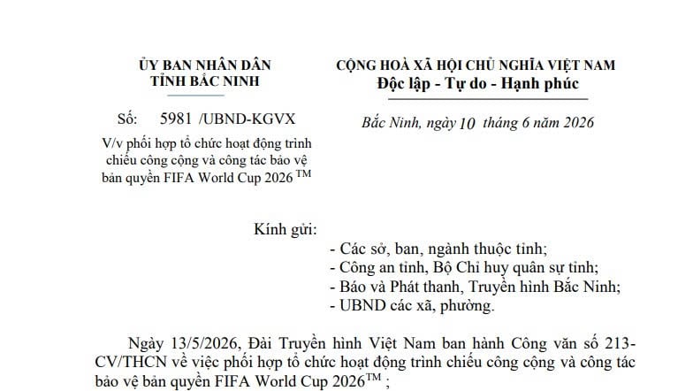 FIFA World Cup 2026: Phối hợp trình chiếu công cộng và công tác bảo vệ bản quyền (Công văn 5981 UBND Bắc Ninh)