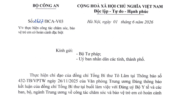 Công văn 2627/BCA-V03: Bộ Công an hướng dẫn công tác chăm sóc bảo vệ trẻ em có hoàn cảnh đặc biệt