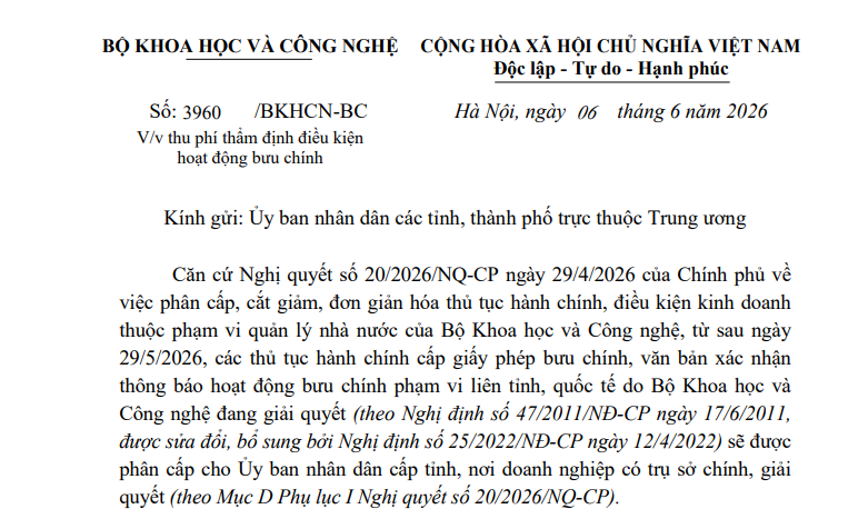 Công văn 3960/BKHCN-BC: Hướng dẫn thu phí thẩm định điều kiện hoạt động bưu chính