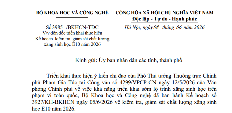 Công văn 3985/BKHCN-TĐC: Đôn đốc kiểm tra giám sát chất lượng xăng sinh học E10 năm 2026