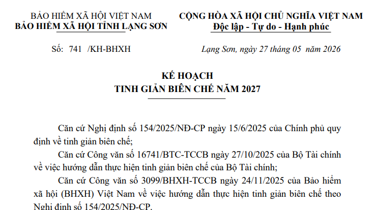 Kế hoạch 741 về tinh giản biên chế năm 2027 của Bảo hiểm xã hội tỉnh Lạng Sơn 