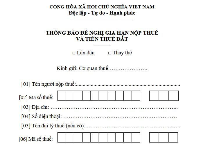 Dự kiến Mẫu thông báo đề nghị gia hạn nộp thuế và tiền thuê đất mới nhất 2026