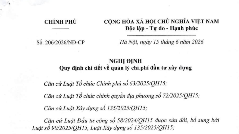 Đã có Nghị định 206/2026/NĐ-CP về quản lý chi phí đầu tư xây dựng từ 1/7/2026