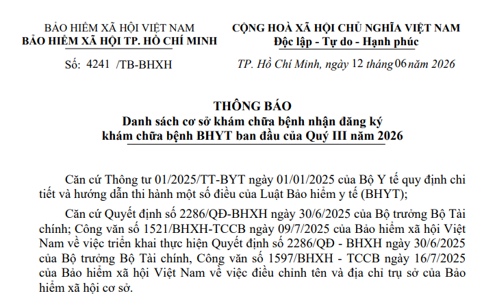 Danh sách cơ sở khám chữa bệnh BHYT ban đầu Quý III/2026 tại TPHCM