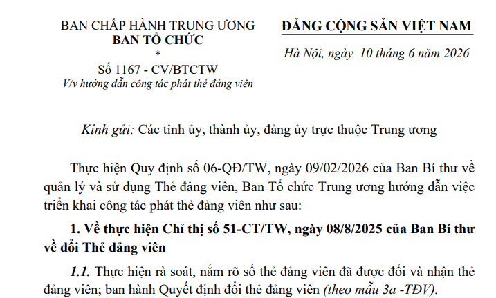 Toàn văn Công văn 1167-CV/BTCTW hướng dẫn công tác phát thẻ đảng viên mới nhất