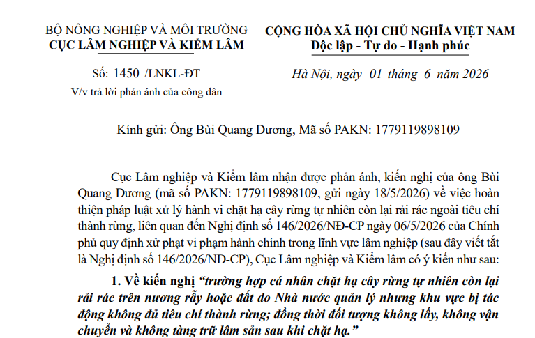Công văn 1450/LNKL-ĐT: Hướng dẫn xử lý hành vi chặt hạ cây rừng tự nhiên