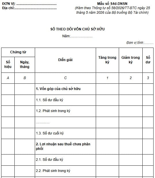Mẫu sổ theo dõi vốn chủ sở hữu mới nhất theo Thông tư 58 (Mẫu số S4d-DNSN)