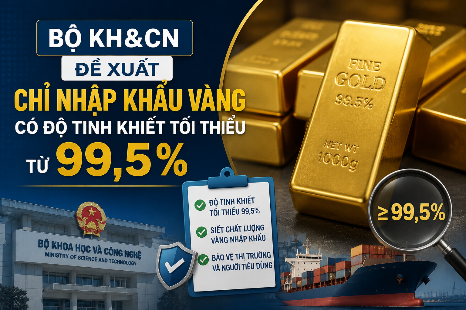 Bộ KH&CN đề xuất chỉ nhập khẩu vàng có độ tinh khiết tối thiểu từ 99,5% (Hình ảnh do AI tạo)