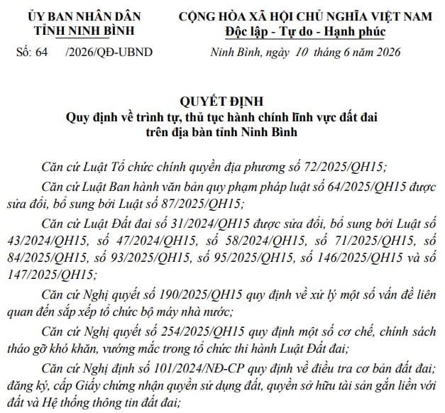 Đã có Quyết định 64/2026/QĐ-UBND thủ tục hành chính lĩnh vực đất đai tại Ninh Bình