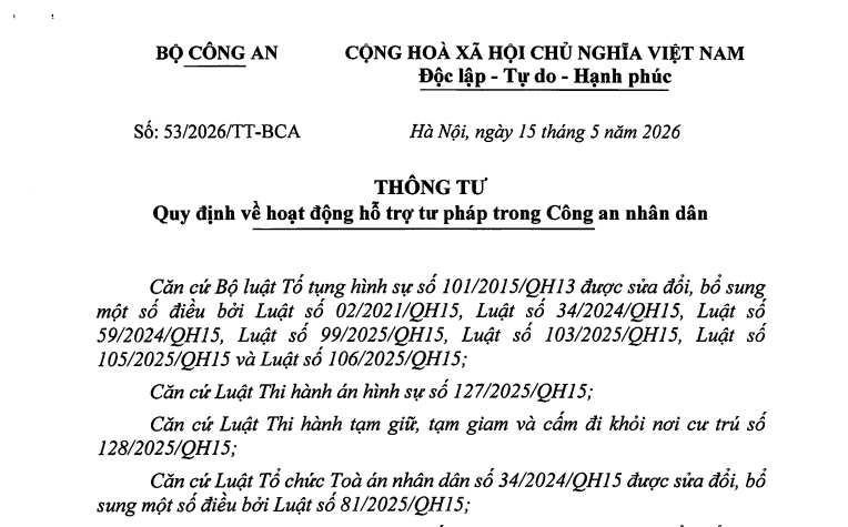 Đã có Thông tư 53/2026/TT-BCA về hoạt động hỗ trợ tư pháp trong Công an nhân dân