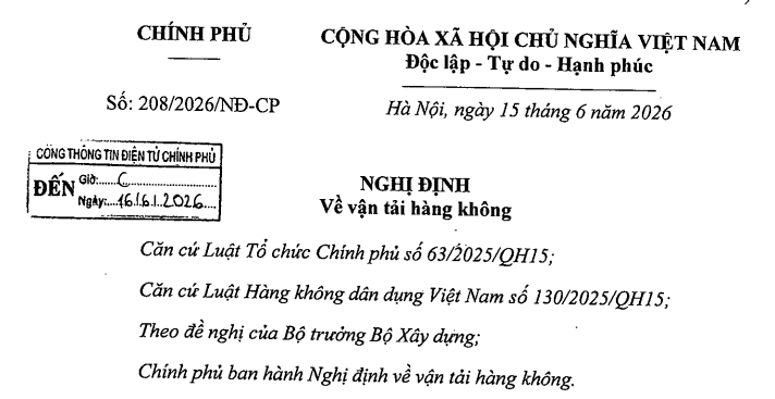Đã có Nghị định 208/2026/NĐ-CP về vận tải hàng không