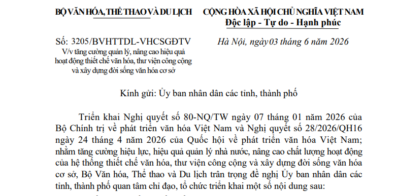 Công văn 3205: Chỉ đạo mới về hệ thống thiết chế văn hóa cơ sở, thư viện công cộng 