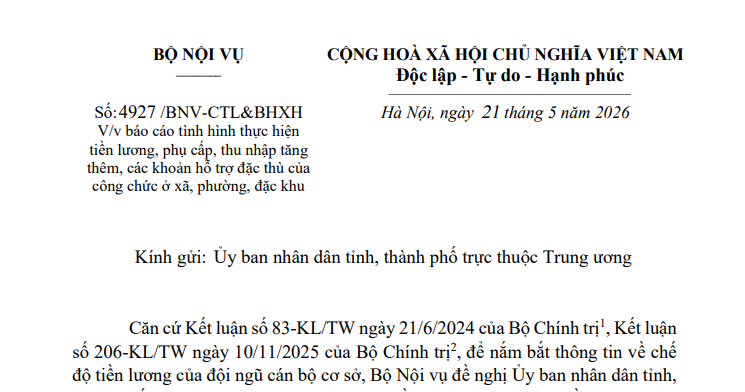Toàn văn Công văn 4927/BNV báo cáo chế độ tiền lương và phụ cấp cán bộ công chức cấp xãv