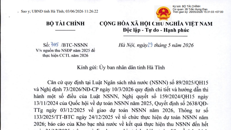 Toàn văn Công văn 7115/BTC-NSNN về nguồn thu thực hiện cải cách tiền lương năm 2026