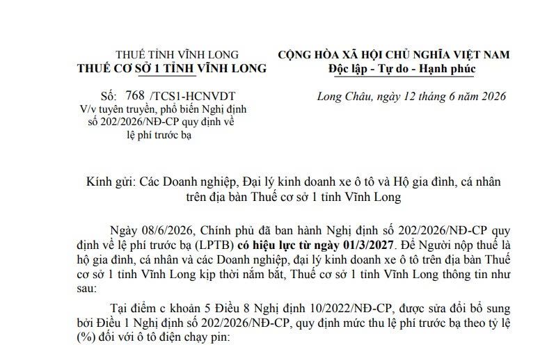 Công văn 768: Hướng dẫn Nghị định 202/2026/NĐ-CP về lệ phí trước bạ (Thuế CS1 Vĩnh Long)