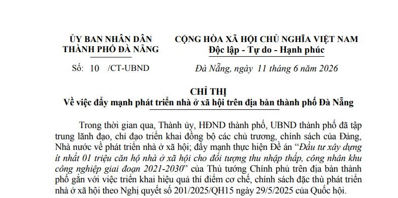 Chỉ đạo mới về nhà ở xã hội tại thành phố Đà Nẵng (Chỉ thị 10/CT-UBND)