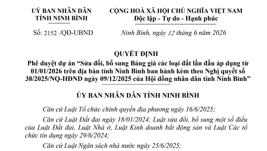 Sắp sửa đổi bảng giá đất Ninh Bình 2026 tại Nghị quyết 38/2025/NQ-HĐND