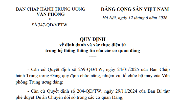 Đã có Quy định 347-QĐ/VPTW định danh và xác thực điện tử trong hệ thống thông tin cơ quan đảng 