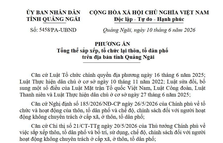 Phương án sắp xếp thôn tổ dân phố tại Quảng Ngãi