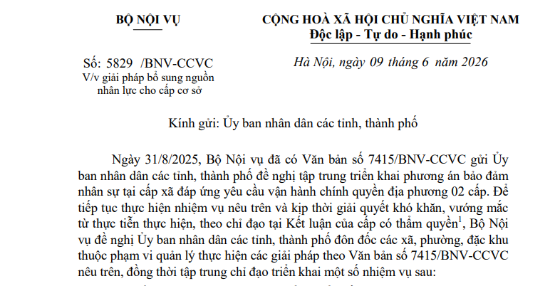 Toàn văn Công văn 5829/BNV-CCVC giải pháp bổ sung nguồn nhân lực cho cấp cơ sở