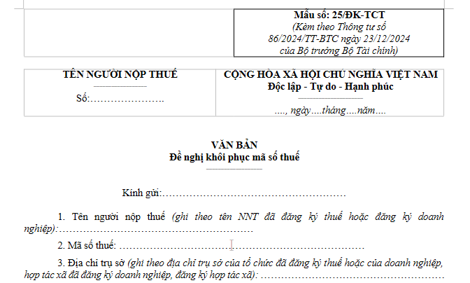 Mẫu đơn đề nghị khôi phục mã số thuế mới nhất 2026