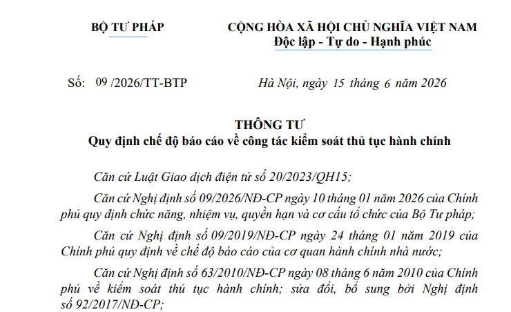 Đã có Thông tư 09/2026/TT-BTP chế độ báo cáo về công tác kiểm soát thủ tục hành chính