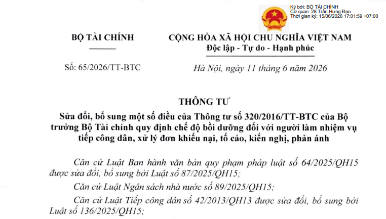 Đã có Thông tư 65/2026/TT-BTC sửa đổi chế độ bồi dưỡng đối với cán bộ công công chức tiếp công dân