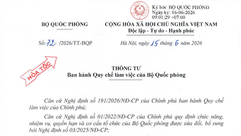 Đã có Thông tư 72/2026/TT-BQP về Quy chế làm việc của Bộ Quốc phòng mới nhất
