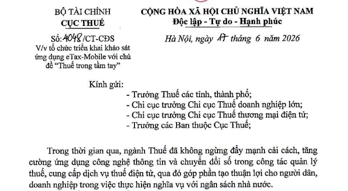 Công văn 4048/CT-CĐS triển khai khảo sát ứng dụng eTax-Mobile