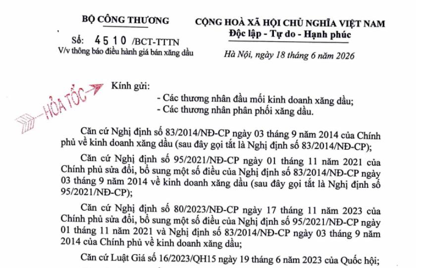 Công văn 4510 thông báo giá xăng dầu từ 15h ngày 18/6/2026