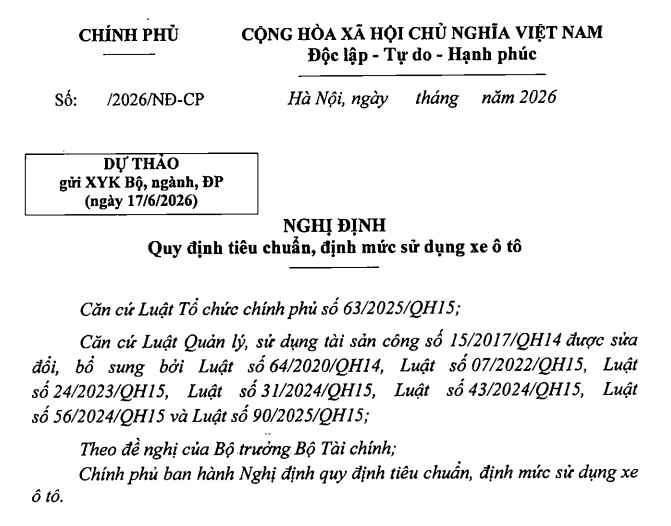 Đã có dự thảo Nghị định tiêu chuẩn định mức sử dụng xe ô tô
