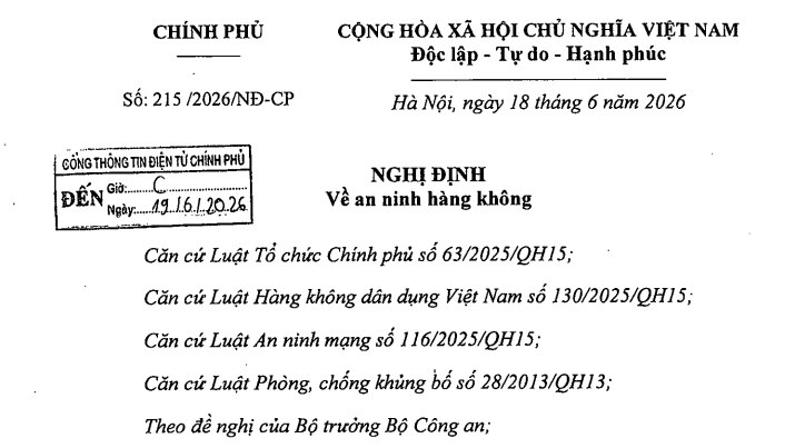Đã có Nghị định 215/2026/NĐ-CP về an ninh hàng không