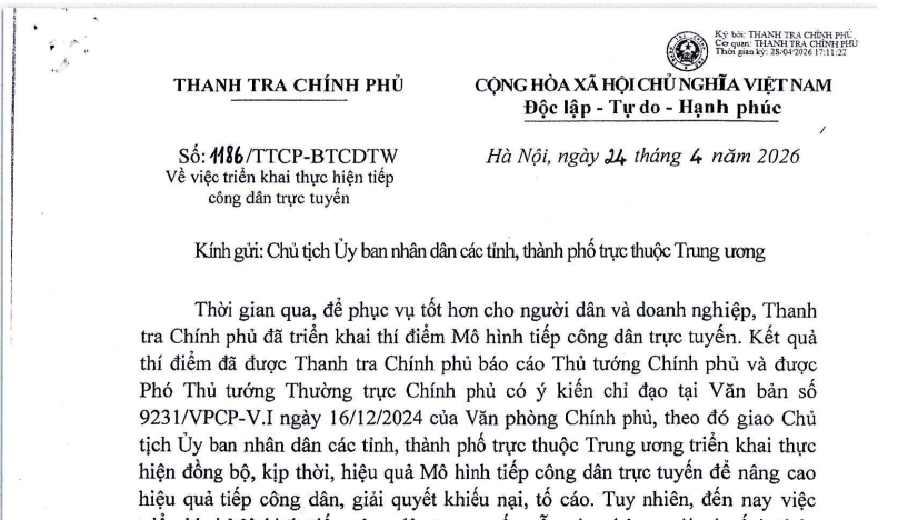 Công văn 1186/TTCP-BTCDTW: Chỉ đạo mới về tiếp công dân trực tuyến