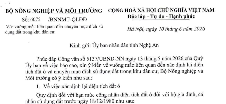Công văn hướng dẫn xác định lại diện tích đất ở mới nhất (Công văn 6075/BNNMT-QLĐĐ)