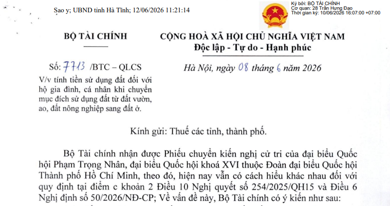 Toàn văn Công văn 7713/BTC-QLCS tiền sử dụng đất khi chuyển từ đất vườn, ao, đất nông nghiệp sang đất ở